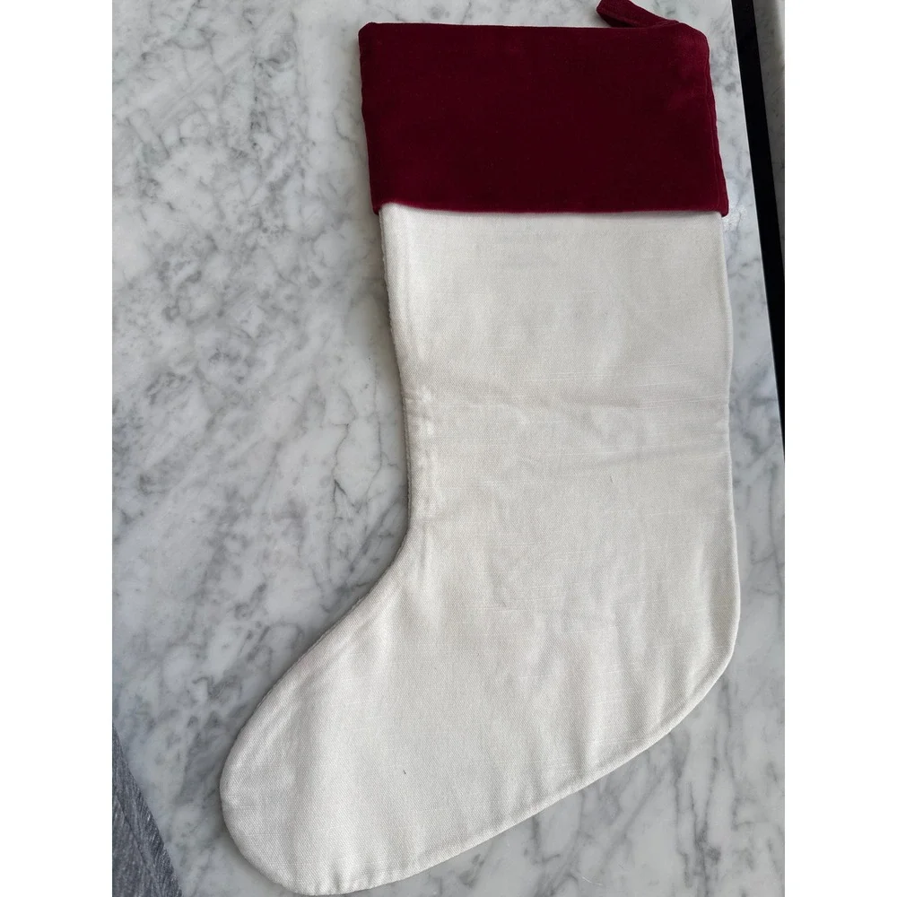 Pottery Barn French Bulldog Crewel Christmas Stocking Burgundy Velvet Cuff